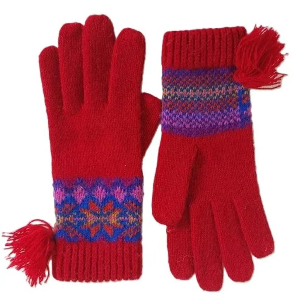 Vintage Fair‎ Isle Gloves Knit Pom Pom Adult Boho Red Purple